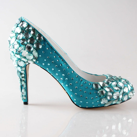 Mariage - High end turquoise oasistiffany blue crystal shoes, hand sewd crystal wedding bridal shoes , beaded toe and heels pumps prom shoes - New