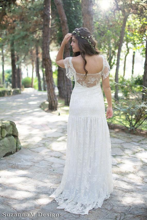 Wedding - Cream Bohemian Wedding Dress Beautiful Lace Wedding Long Gown Boho Gown Bridal Cp Sleeves Wedding Dress - Handmade by SuzannaM Designs - New