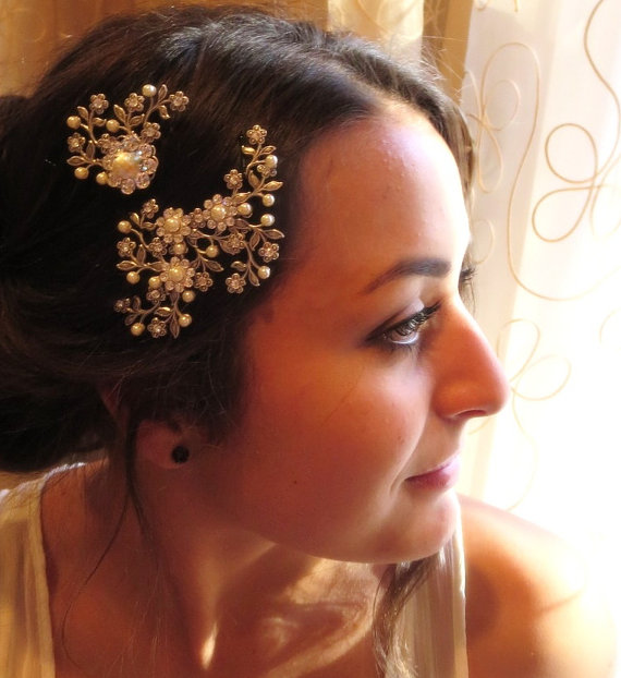 زفاف - Wedding hair pin set, Bridal hair pins, Wedding hair jewelry, Vintage style hair pins, Bridal hair comb, Swarovski crystal, Leaf hair pins - New