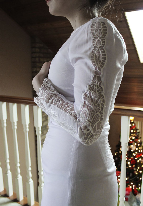 زفاف - Sample Sale 70% Off  White Cotton Long Sleeve Short Lace Fitted Wedding Dress - New