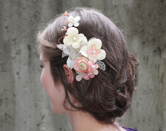 Hochzeit - Ivory Pink  Bridal Flower Hair Clip -  Wedding Hair Accessories