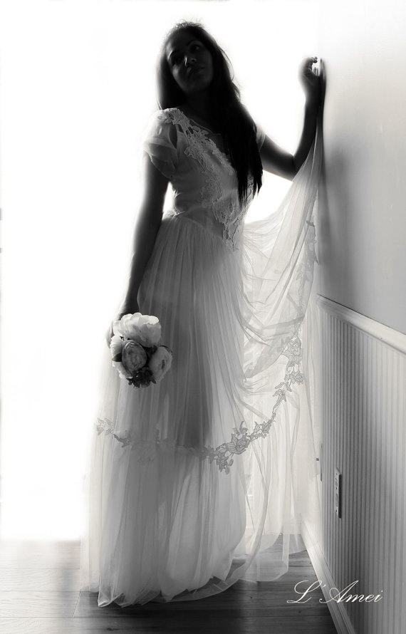 زفاف - Stunning sheer neckline wedding dress with invisible mesh chest and sheer lace detailing, dreamy silk chiffon skirt - New