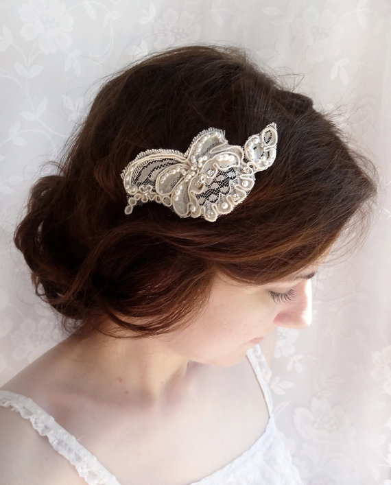 زفاف - lace hairpiece, lace bridal hair accessories, ivory alencon lace hair comb - FLUTTER - rhinestone hair accessory, flower girl wedding - New