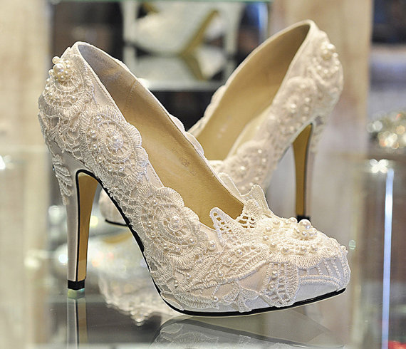 Wedding - Pearl White Lace Daisy Bridal Shoes -  Ballet Flat Shoes