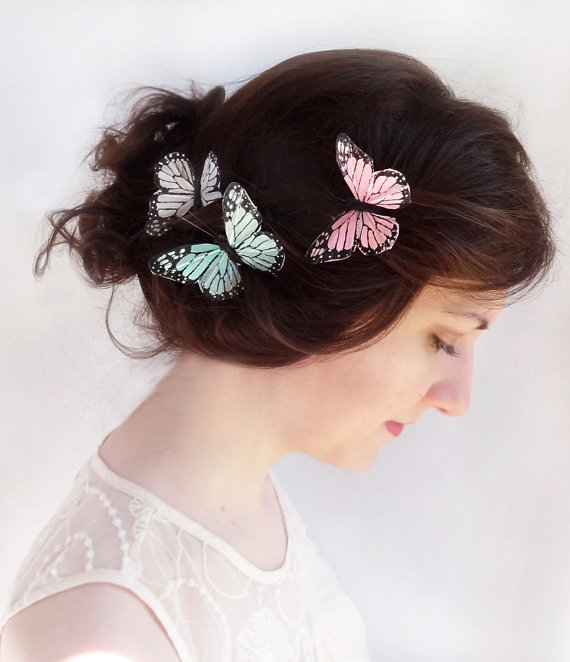 Wedding - monarch butterfly hair pins, bridal hair accessories, mint green bobby pins -FLUTTERBY- rustic wedding, pink flower girl hair clip accessory - New