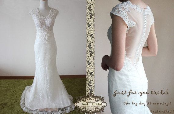 Wedding - V neck pearls chapel train lace wedding dress