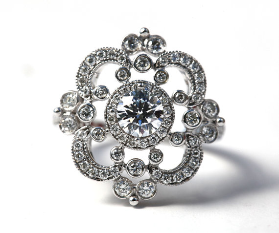 زفاف - Platinum Floral  Round Diamond Engagement Ring