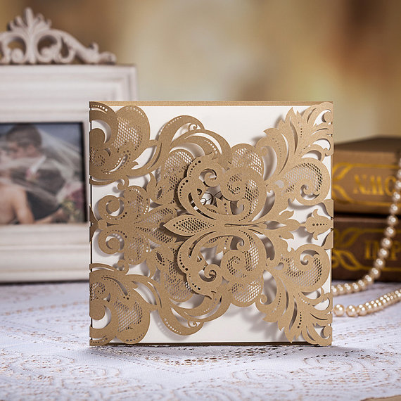 Wedding - 150 Pcs Shipping Included Vintage Golden Color Laser Cut Wedding Invitation Cards With Envelopes and Seals