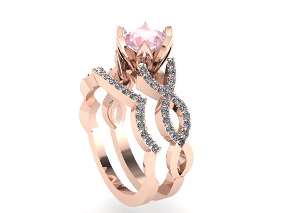 Wedding - Bridal ring with matching band, Natural Diamonds and Natural 1 carat Morganite Wedding Set, Braided shank Engagement ring with matching band - New