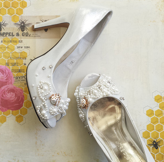 Hochzeit - ON SALE! Wedding Shoes with Pearls and Lucky Lady Bug Charm White Silver Bridal Peep Toe Pumps - New