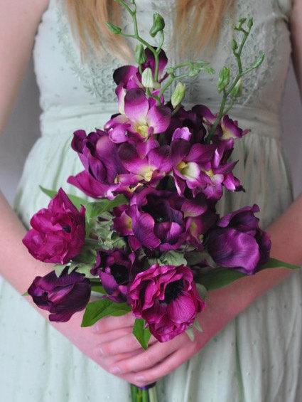 Hochzeit - Wedding Flowers, Wedding Bouquet made with Radiant Orchid Tulips, Orchids and Anemones wrapped in Plum Ribbon by Holly's Wedding Flowers. - New