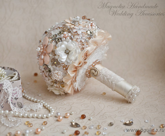 Hochzeit - Ready to ship! Brooch bouquet. Shabby Chic bouquet. vintage gold, peach, ivory, pink and lace. - New