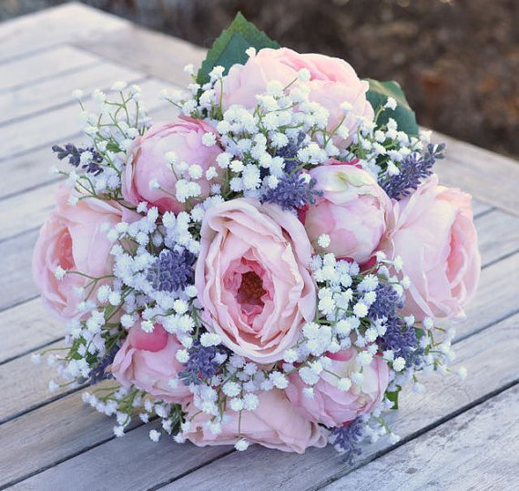 زفاف - Silk Wedding Flower Bouquet made with Pink Cabbage Roses, Pink Peony buds, Babies Breath and Lavender silk flowers. - New
