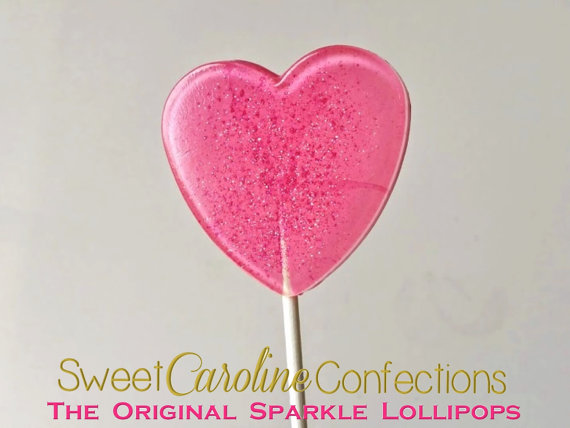 Wedding - Bubblegum Pink Sparkle Lollipops, Heart Lollipops, Pink Favors, Pink Wedding Favor, Lollipops, Sweet Caroline Confections -Set of Six - New