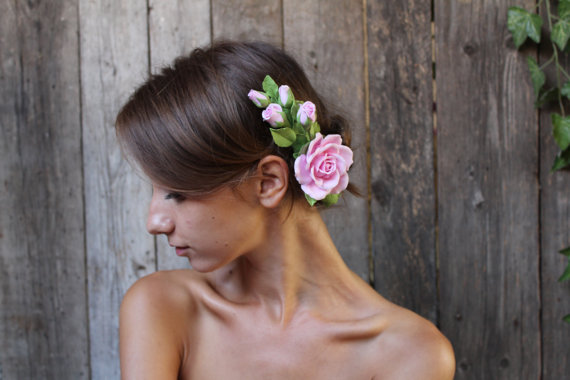 Свадьба - Hair Clip Polymer Pink Rose with Buds