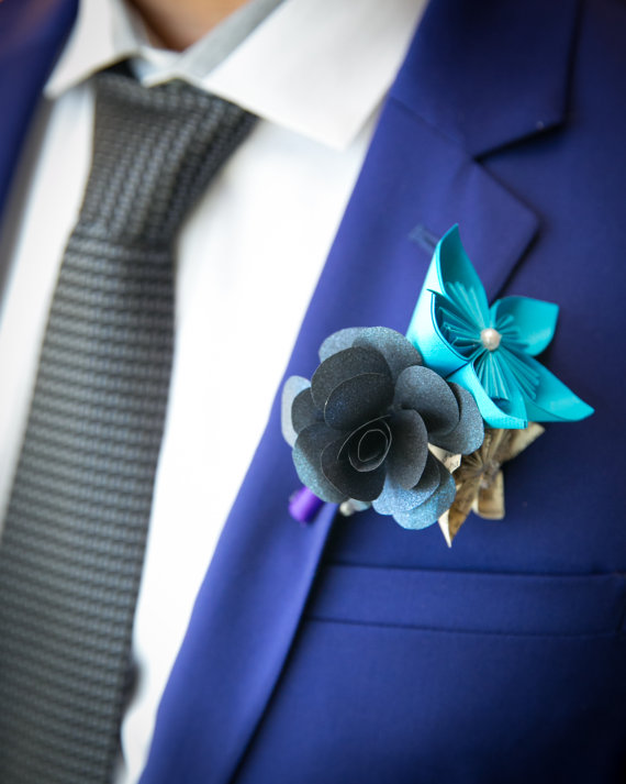 Mariage - Boutonniere Rose and Kusudama paper flowers