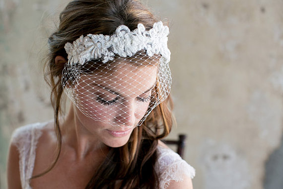 Wedding - Ivory Beaded Lace Headband with Birdcage Veil