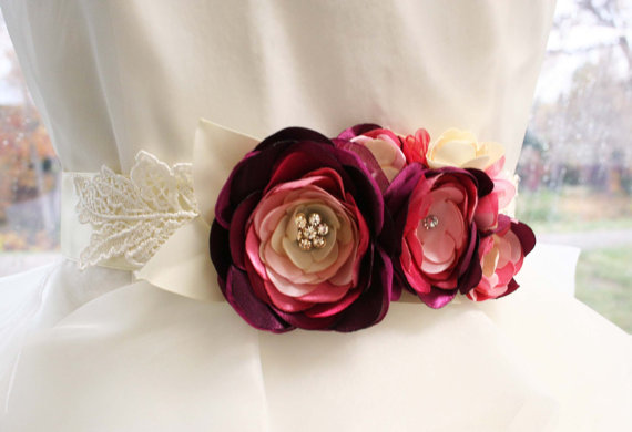 Hochzeit - Burgundy Bridal Sash with Lace Leaf Accents