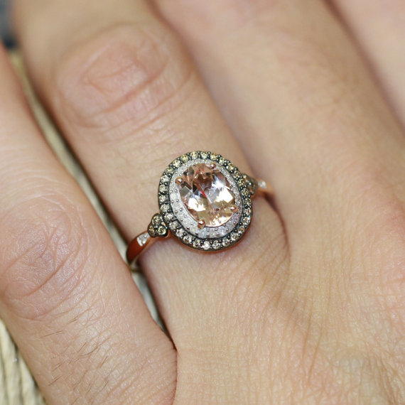 زفاف - Champagne Diamond and Morganite Engagement Ring in 10k Rose Gold Pink Morganite Halo Diamond Wedding Ring Band, Size 7 (Resizable) - New