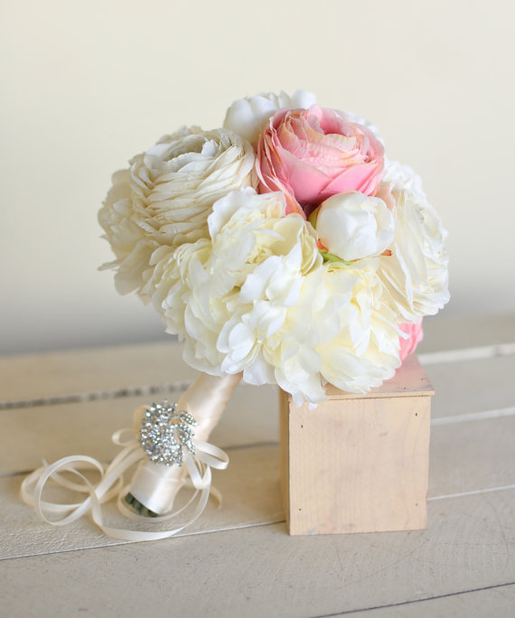 Mariage - Silk Bridal Bouquet Pink Roses Baby's Breath Rustic Chic Wedding NEW 2014 Design by Morgann Hill Designs - New