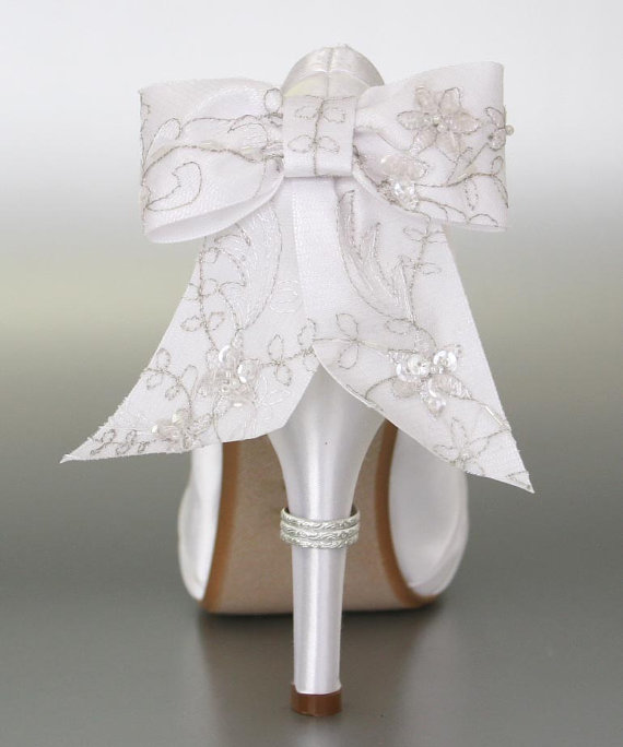 Mariage - Wedding Shoes -- White Peep Toe Wedding Shoes with Silver Lace Overlay Bow on the Back of the Shoe and Silver Ring Accent on Heel - New