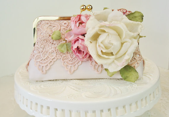 Hochzeit - Pink Wedding / Mother of the Bride / French Vintage/ Prom Purse / Bridal Handbag / Lace Wedding - New