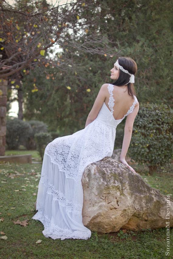 Свадьба - White Lace Bohemian Wedding Dress Boho Bridal Long Wedding Gown - Handmade by SuzannaM Designs - New