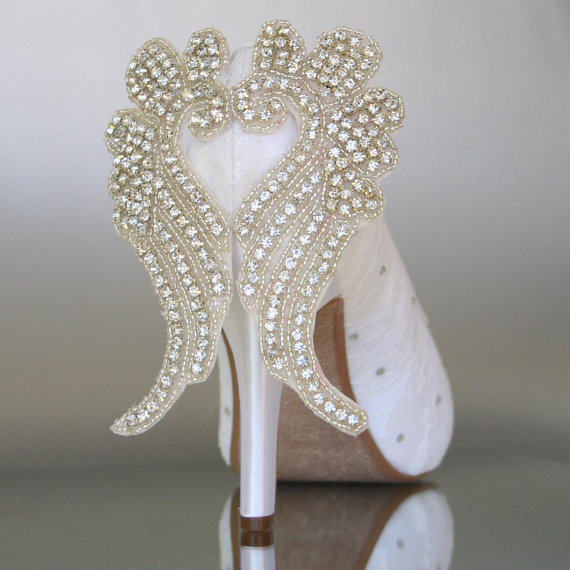 Hochzeit - Wedding Shoes -- Angel Themed Wedding Shoe -- Light Ivory Peep Toes with Lace Overlay, Rhinestone Accents and Rhinestone Angel Wings - New