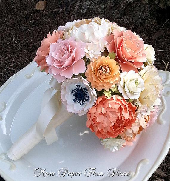 Wedding - Paper Bouquet - Paper Flower Bouquet - Wedding Bouquet - Country White and Peach - Sahbby Chic  - Custom Made - Any Color - New