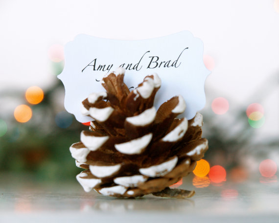 Свадьба - Christmas Wedding Escort Cards, Pine Cone, Woodland Wedding, 10 Name Place Table Setting Plan Rustic Country Theme Winter Snow White - New