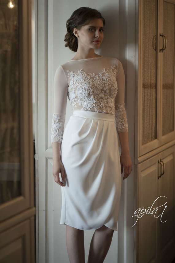 Wedding - Short Wedding Dress, White and Nude Wedding Dress, Crepe and Lace Dress L10 - New