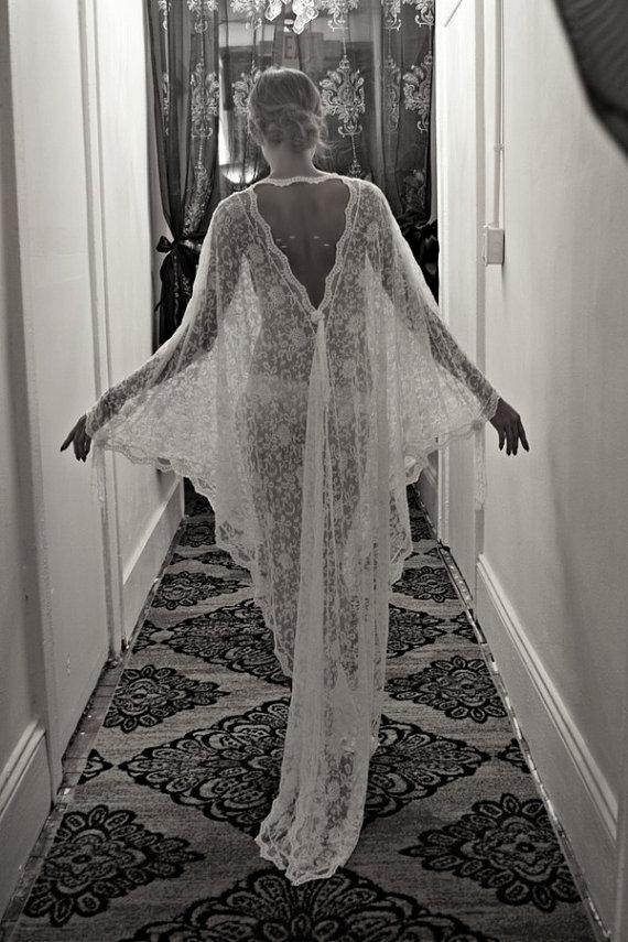 زفاف - Exclusive Embroidered French Lace Bridal Robe Nightgown Wedding Sleepwear Bridal Lingerie Bridal Robe Paris Chic Runway Collection - New