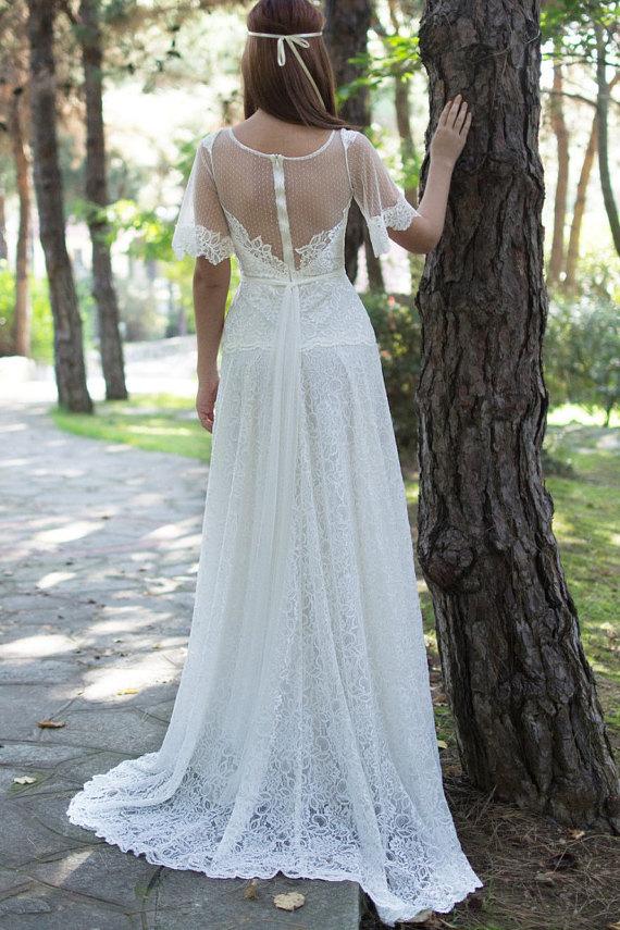 Wedding - Boho Long Wedding Dress Ivory Lace Wedding Gown Long Bridal Gown White Lace Bridal Wedding Dress - Handmade by SuzannaM Designs - New