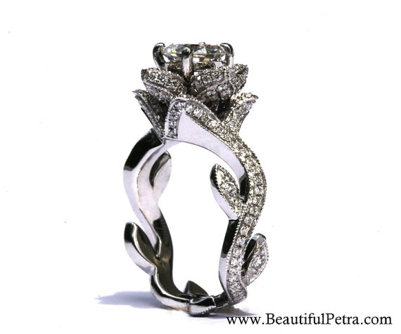 زفاف - BLOOMING Work Of Art - Milgrain Flower Rose Lotus Diamond Engagement Ring Setting with leaves on the band - fl07 Patented design - New