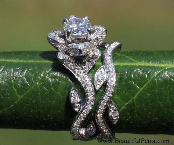 زفاف - BLOOMING Work Of Art - Flower Rose  Lotus Diamond Engagement Wedding Ring Set - 14K - brides - fL07 Beautiful Petra Patented design - New