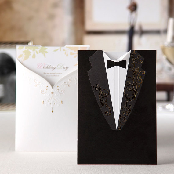 زفاف - 50 Black and White Pocket Wedding Invitation Cards, Ship Worldwide 3-5 Days -- Set Of 50 Pcs - New