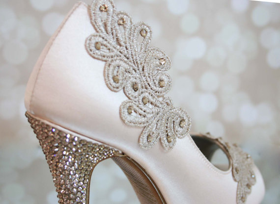 Свадьба - Wedding Shoes -- Blush Platform Peep Toe Wedding Shoes with Blush Lace Accents, Swarovski Crystal Heel and Glittered Sole - New