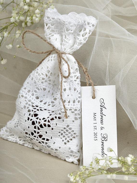 Wedding - Custom listing (20) White lace Wedding Favor Bag ,Lace Rustic Wedding Favor, Lace and twine Favor Bags, Custom Tag - New