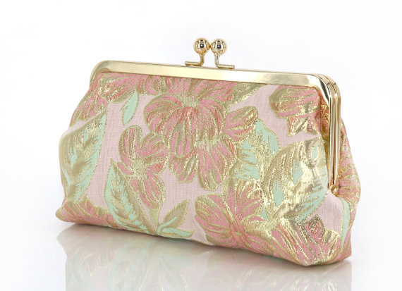 Mariage - Gold Thread Brocade Clutch Bag in Pink and Green 