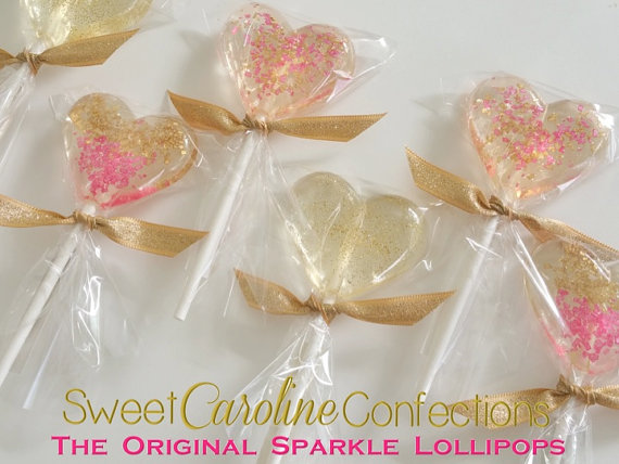 زفاف - Pink and Gold Lollipops, Pink and Gold Heart Lollipops, Be my Valentine, Sparkle Lollipops, Sweet Caroline Confections-Set of Six - New
