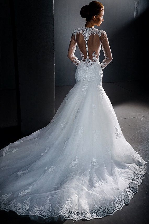 زفاف - Long Sleeve Mermaid Bridal Gown Wedding Dress Custom Size 2 4 6 8 10 12 14 16 18