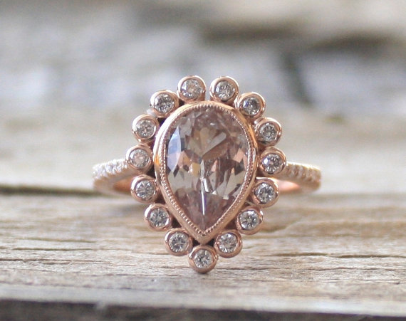زفاف - Pear Champagne Peach Sapphire Diamond Halo Ring in 14K Rose Gold - New