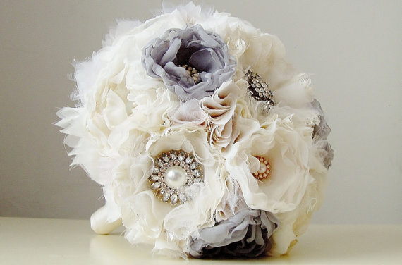 زفاف - Fabric Wedding Bouquet, Handmade Fabric Bridal Bouquet,  Vintage Wedding  Bouquet, Brooch Bouquet - New