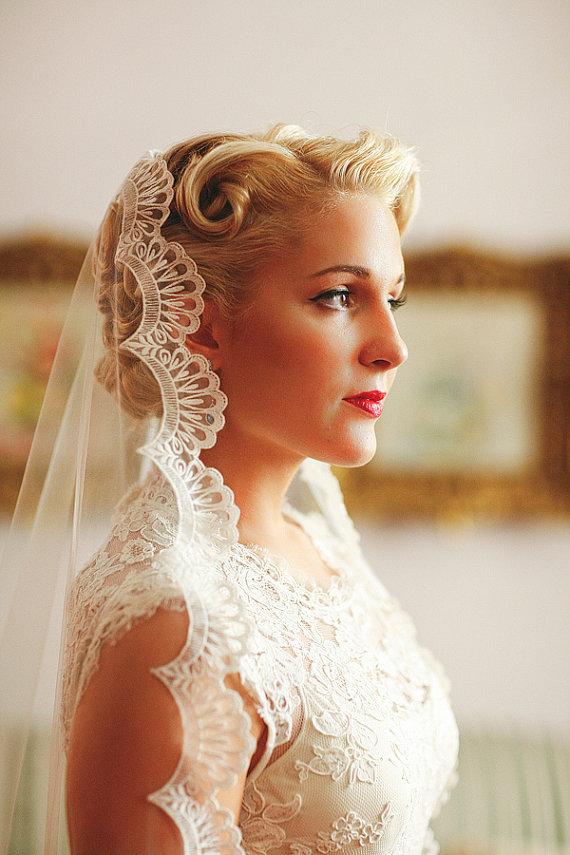 Hochzeit - Wedding Veil - Handmade Chapel Lace Bridal Mantilla Ivory or White - made to order - New