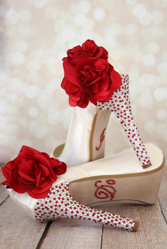 Hochzeit - Red Flower Wedding Shoes / Ivory Shoe / Custom Bridal / Red Crystal Heel - New