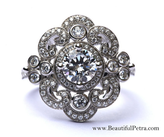 Mariage - DUCHESS - 14k white gold - Floral - Round Diamond Engagement Ring or RIGHT Hand Ring - Weddings- Brides - Luxury - Bp0012 - New