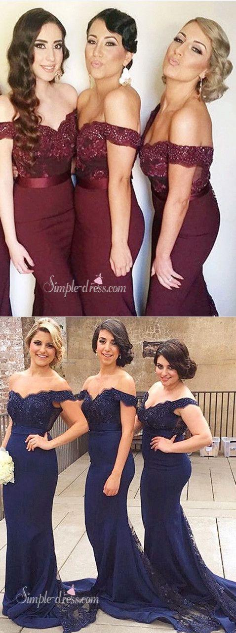 Mariage - Mermaid Off Shoulder Court Train Lace Navy Blue Bridesmaid/Prom Dress