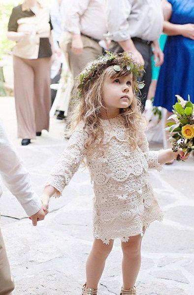 Wedding - Boho Style Vintage Long Sleeve Crochet Flower Girl Dress