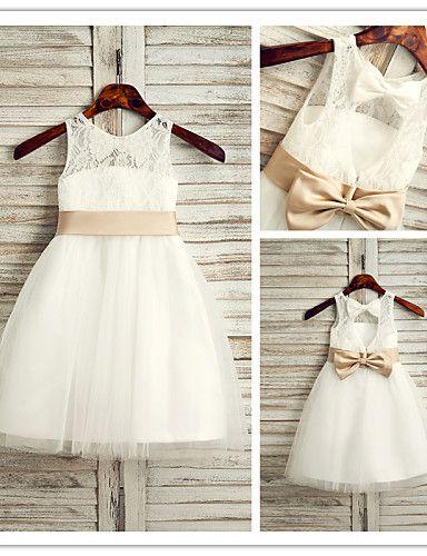 Mariage - A-line Tea-length Flower Girl Dress - Lace / Tulle Sleeveless Jewel With