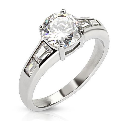 زفاف - Exquisite - Classic Round Cut Cubic Zirconia Stone Engagement Ring with Tapered Baguettes